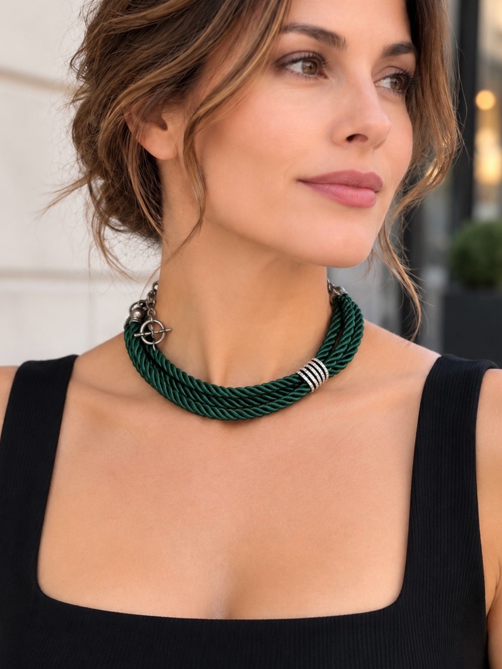Green Twisted Rope Multi-Strand Necklace with Silver Accent